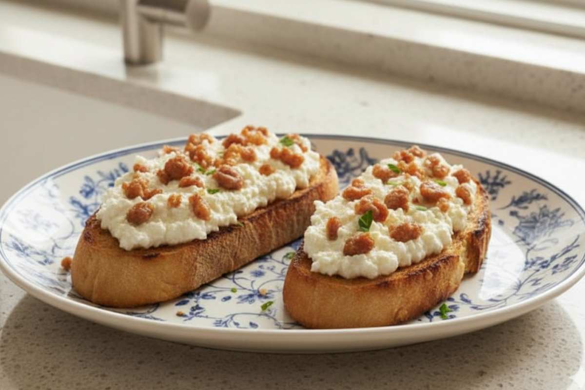 bruschette con crema di ricotta e salsicce dorate