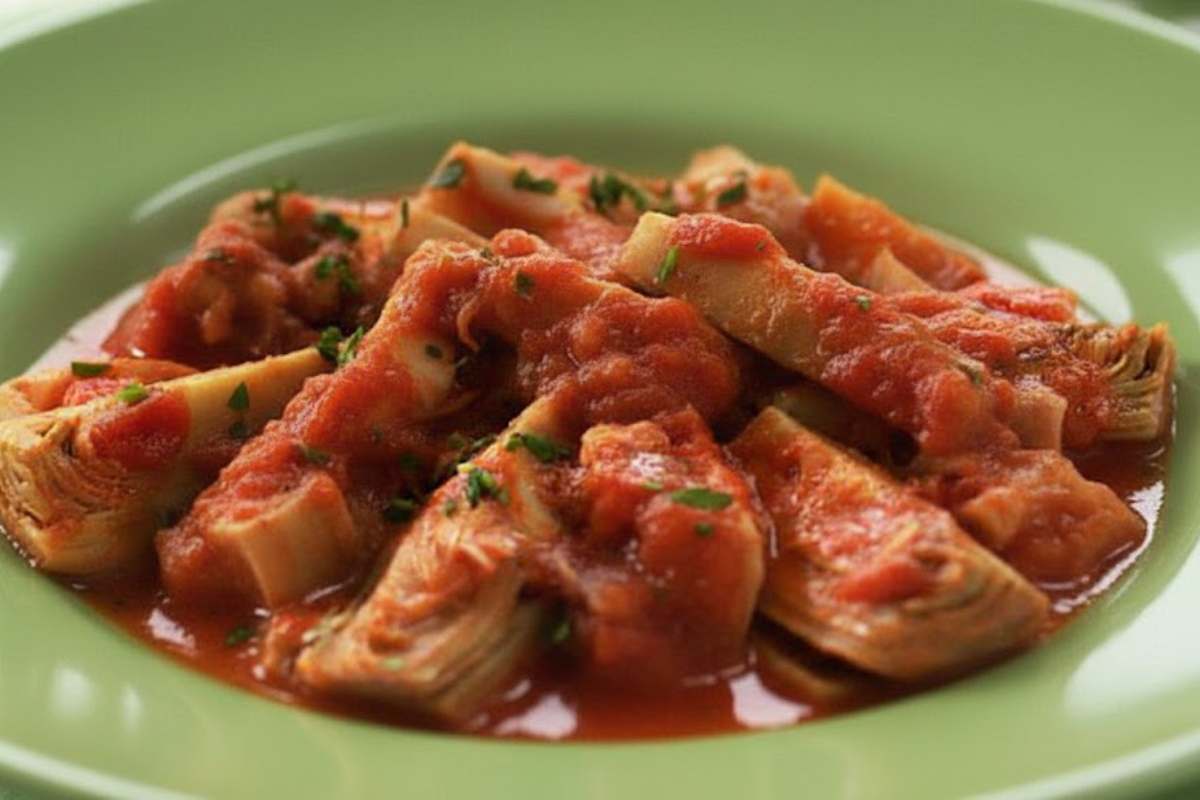 carciofi con sugo di pomodoro in un piatto