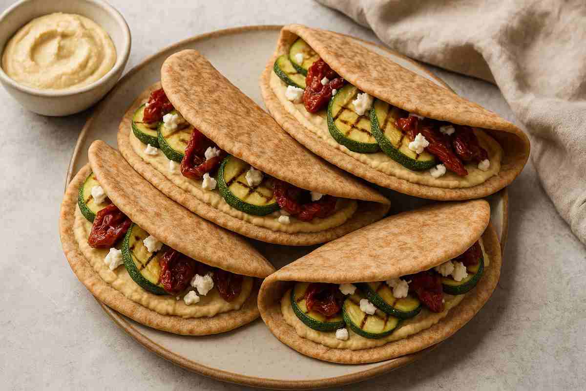 Piadine con crema di ceci, zucchine grigliate e pomodori secchi