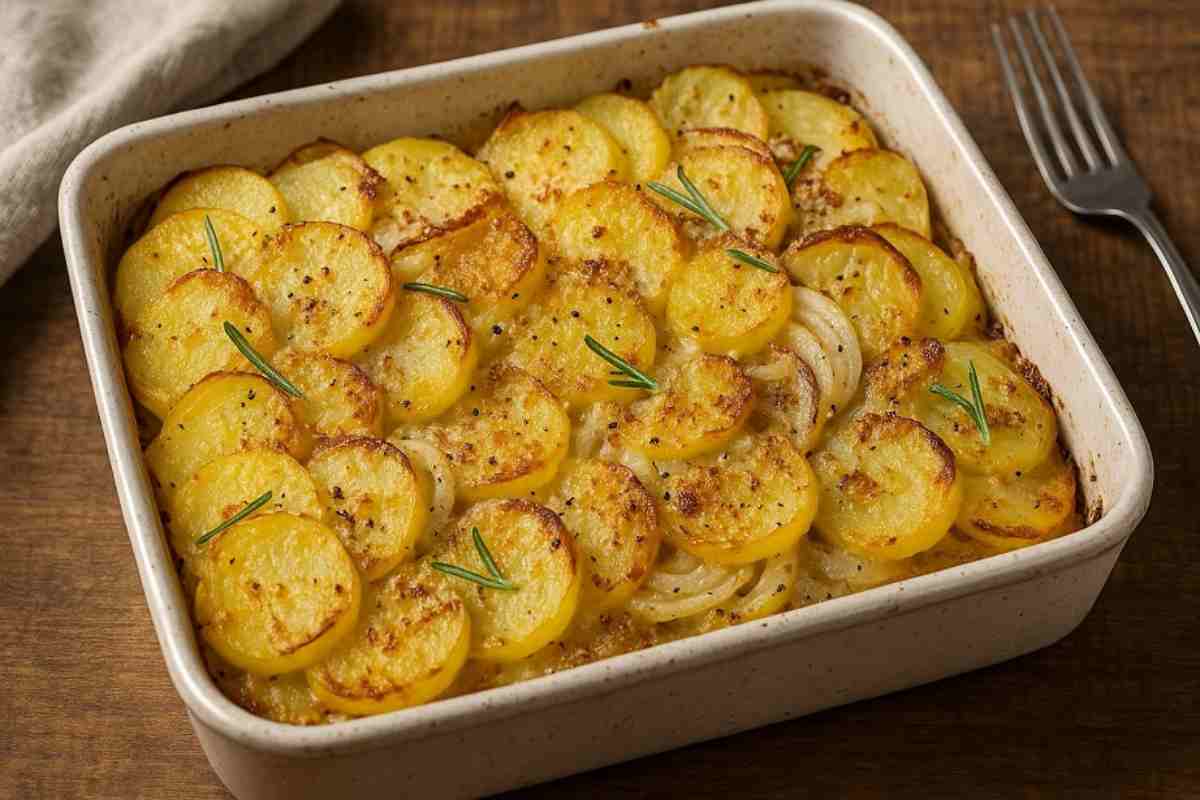 Patate gratinate al forno con cipolle e formaggio