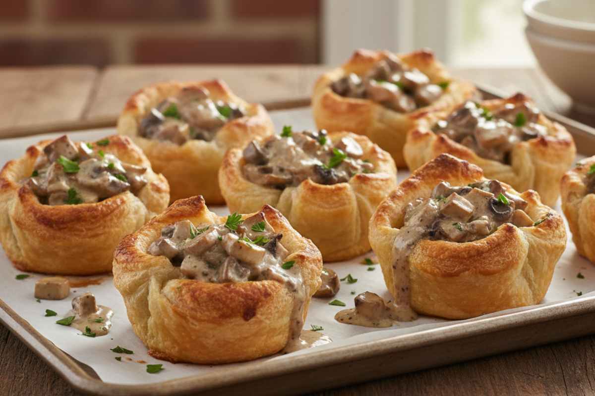 cestini di pasta sfoglia con crema di funghi in teglia