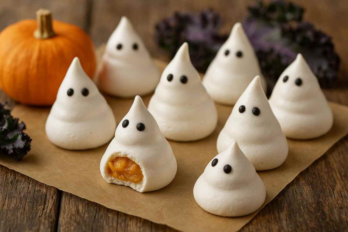 Fantasmini di meringa alla zucca speziata su un tagliere