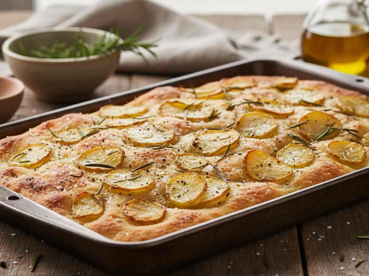 una focaccia morbida con patate in superficie