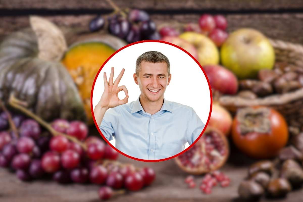uomo nel riquadro e frutta autunnale
