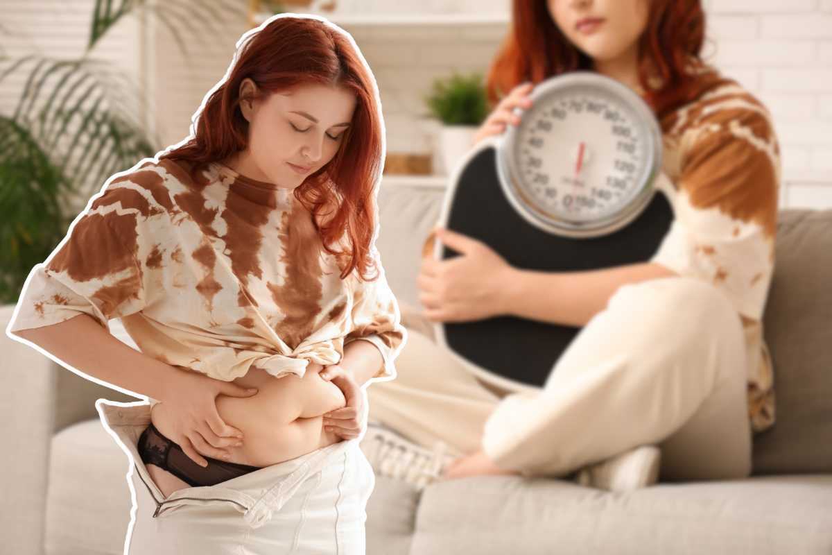 collage di ragazza sul divano con la bilancia in mano e ragazza che si abbottona i pantaloni