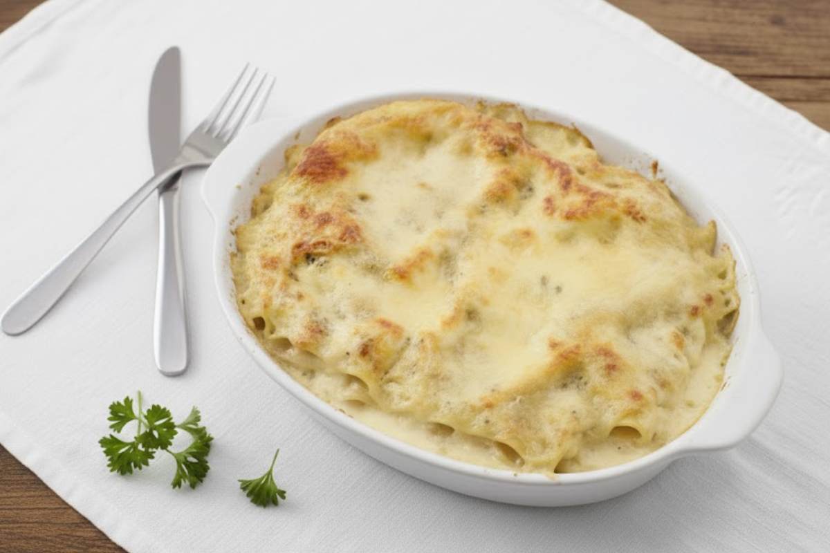 teglia con dentro lasagna di patate e besciamella