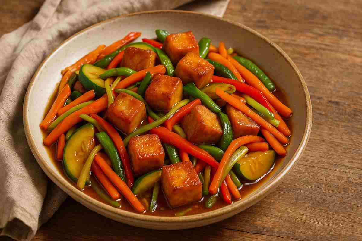 Tofu in padella con verdure e salsa agrodolce in un piatto