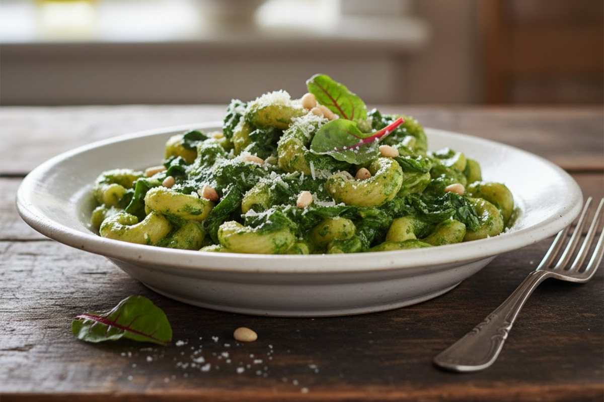 piatto di pasta con bietole e parmigiano
