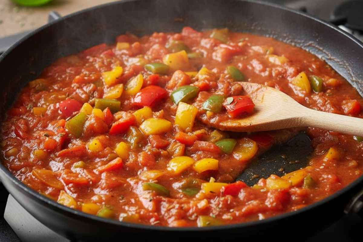 peperoni con pomodoro in una padella