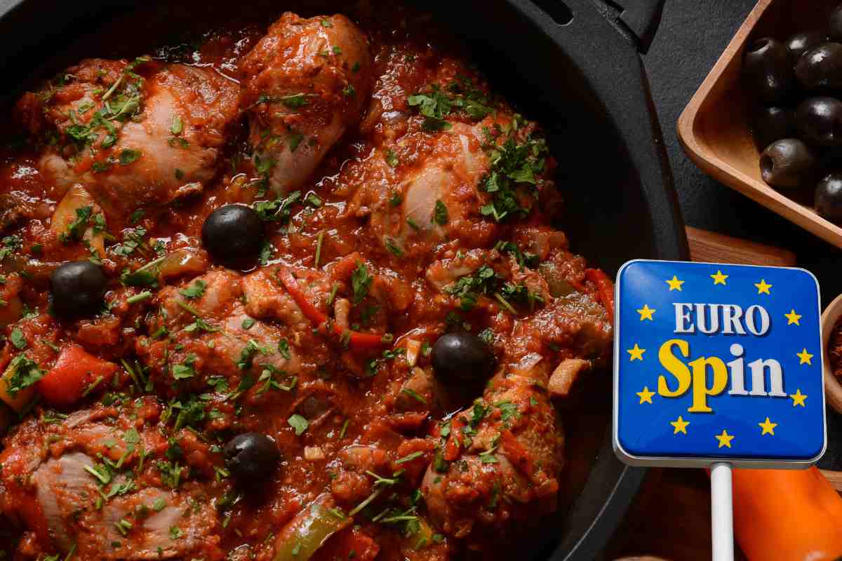 padella con pollo al sugo e olive e logo Eurospin
