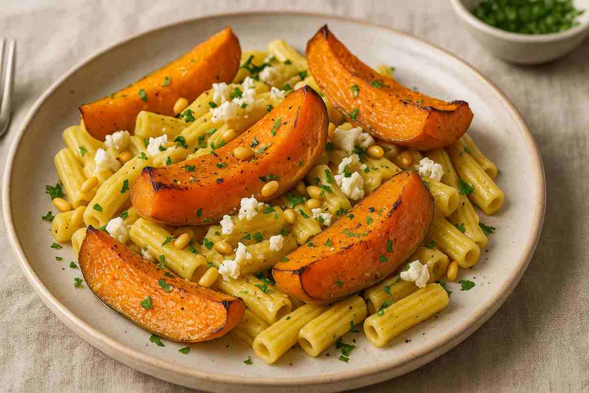 Pasta con zucca arrosto, ricotta salata e pinoli
