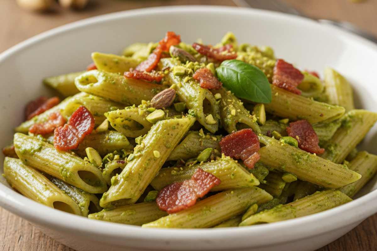 piatto di penne con crema di pistacchi e guanciale