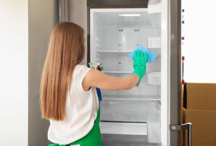 donna di spalle mentre pulisce il frigorifero