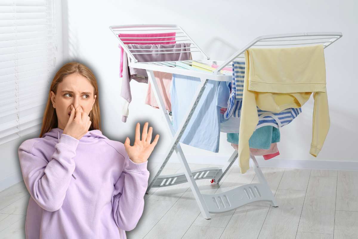 stendino in casa e ragazza che si tappa il naso