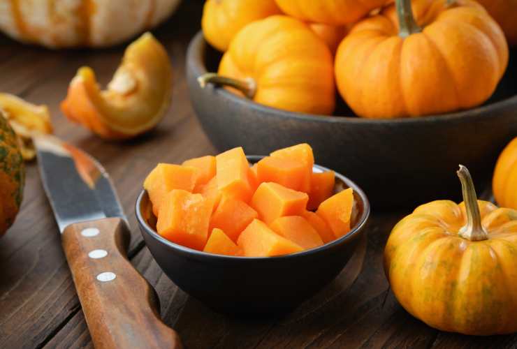 ciotola di zucca e zucche intere sul tavolo