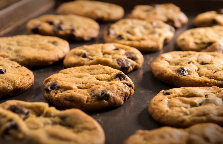 Dei biscotti con gocce di cioccolato su una teglia da forno