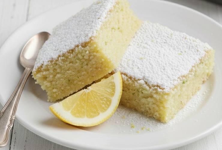 brownies al limone in piatto con spicchio di limone e cucchiaino