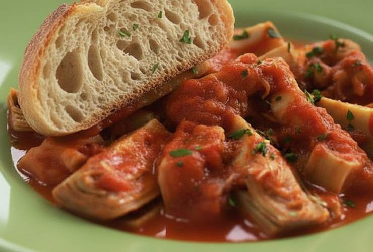 carciofi con sugo di pomodoro e fetta di pane