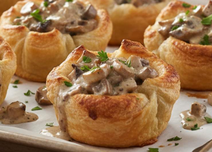 cestino di sfoglia con crema di funghi e funghi a pezzetti