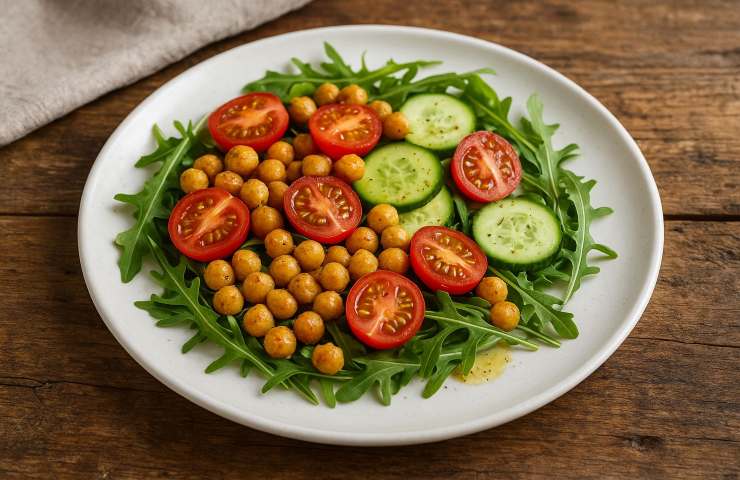 Una insalata rustica di ceci croccanti, rucola, cetrioli e pomodorini