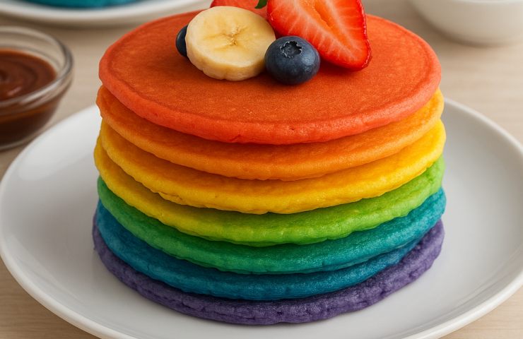 Pancake arcobaleno con frutta tagliata