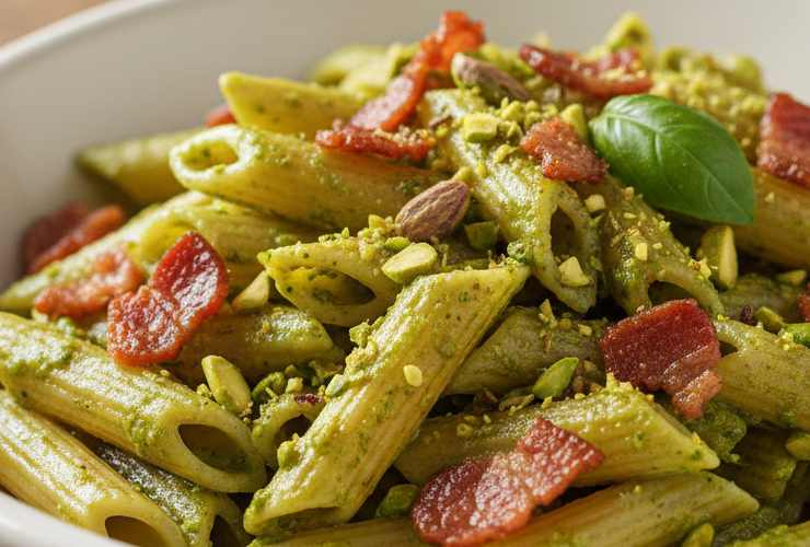 pasta con pesto di pistacchi e guanciale a pezzetti