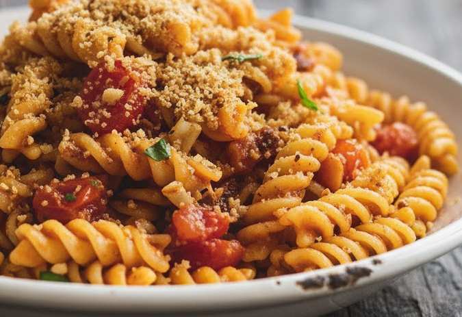 pasta condita con pomodorini e pangrattato