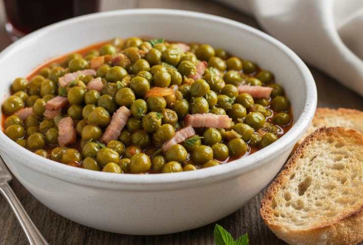 piselli in umido con pancetta in un piatto