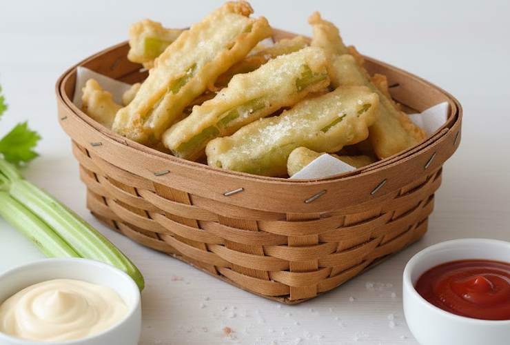 sedano fritto in pastella in un cestino con ketchup e maionese