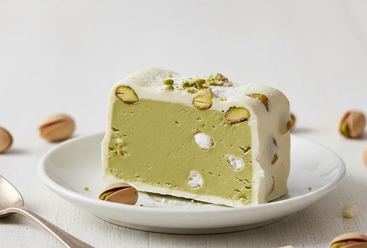 torrone al cioccolato bianco e pistacchio in un piatto