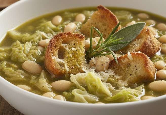 primo piano di zuppa di verza con fagioli e fette di pane