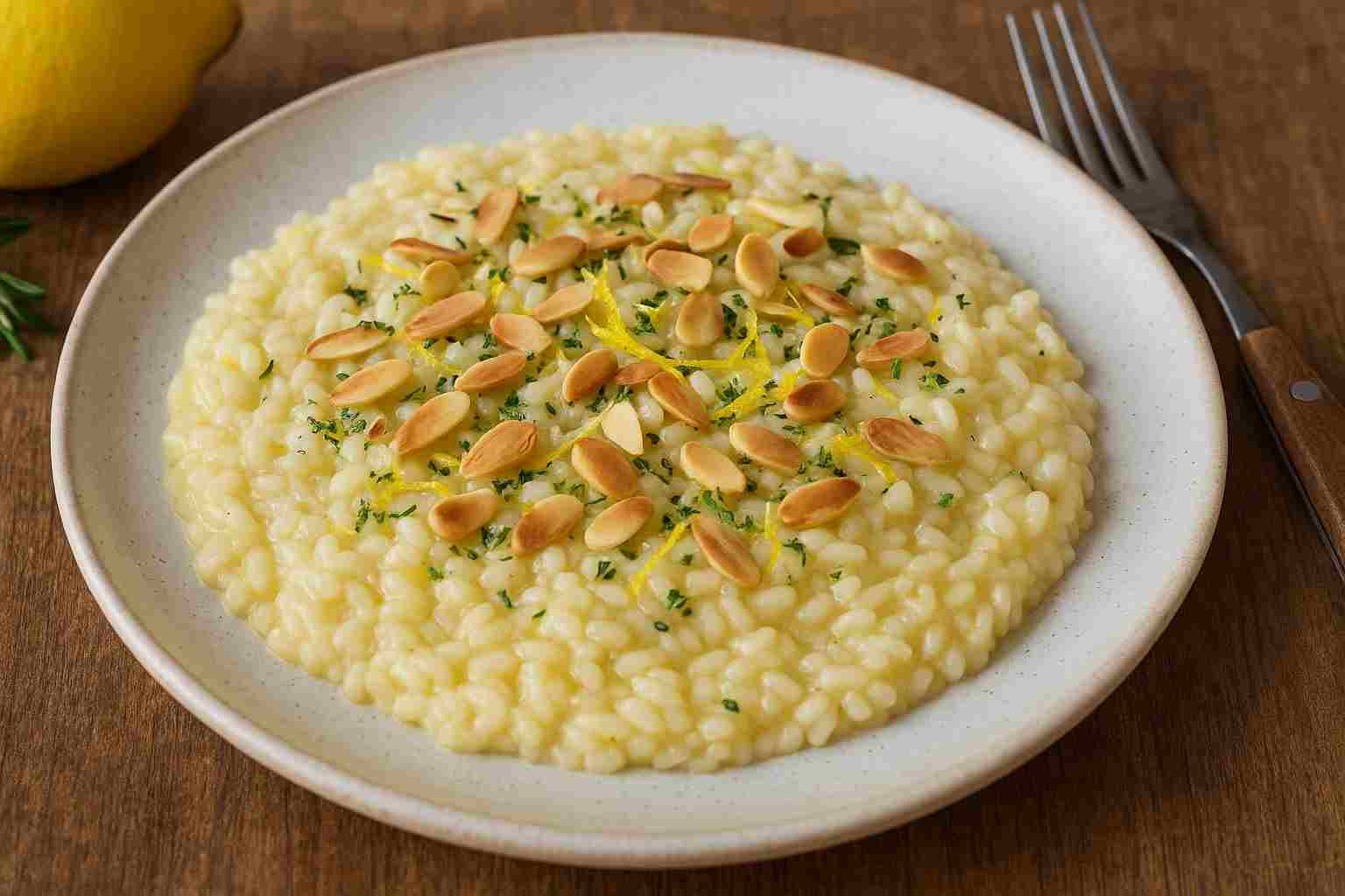 Risotto al limone e rosmarino con mandorle tostate