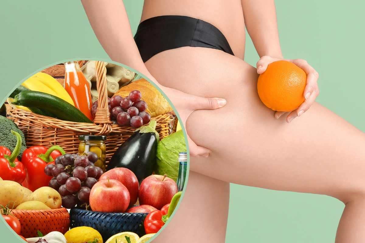 donna che mostra la cellulite con un'arancia in mano e alimenti vari in un riquadro