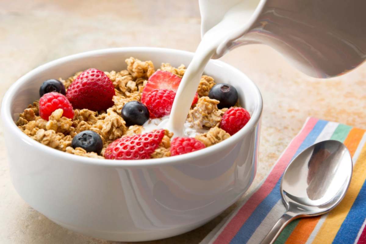 tazza di latte con cereali, fragole e mirtilli