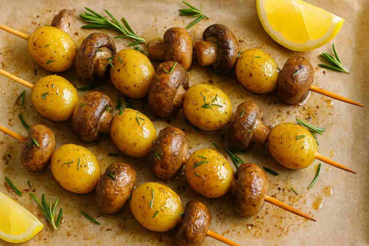 Spiedini di patate novelle e funghi con glassa al rosmarino e limone