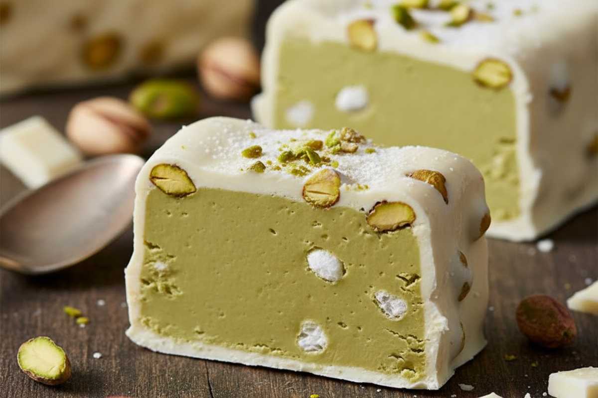 pezzo ti torrone al pistacchio su tavolo di legno