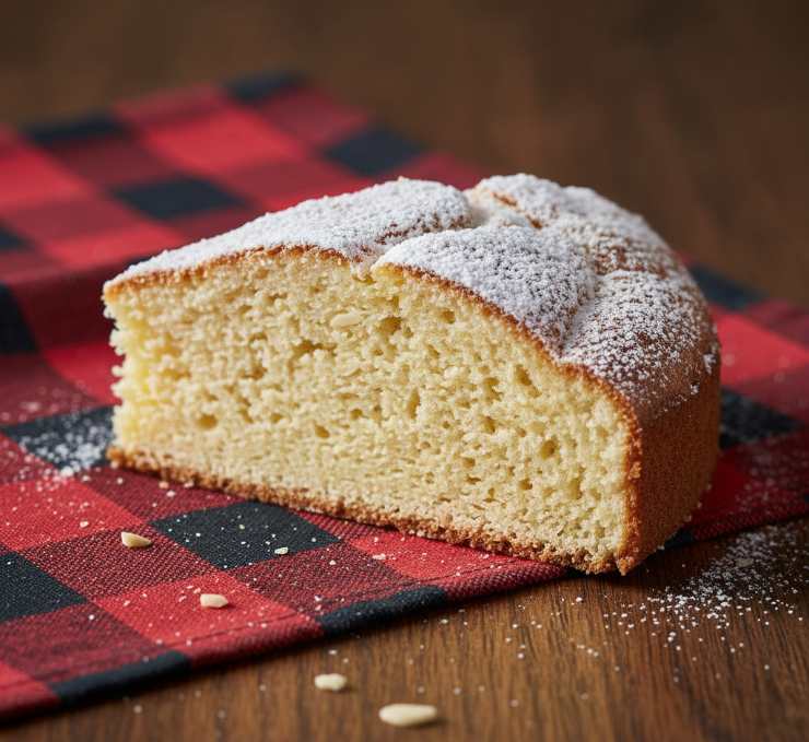 una fetta di torta su una tovaglia in stile tartan