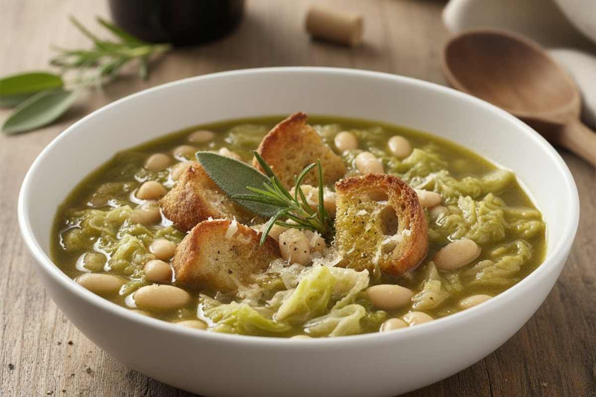 zuppa di verza e fagioli in piatto con pane