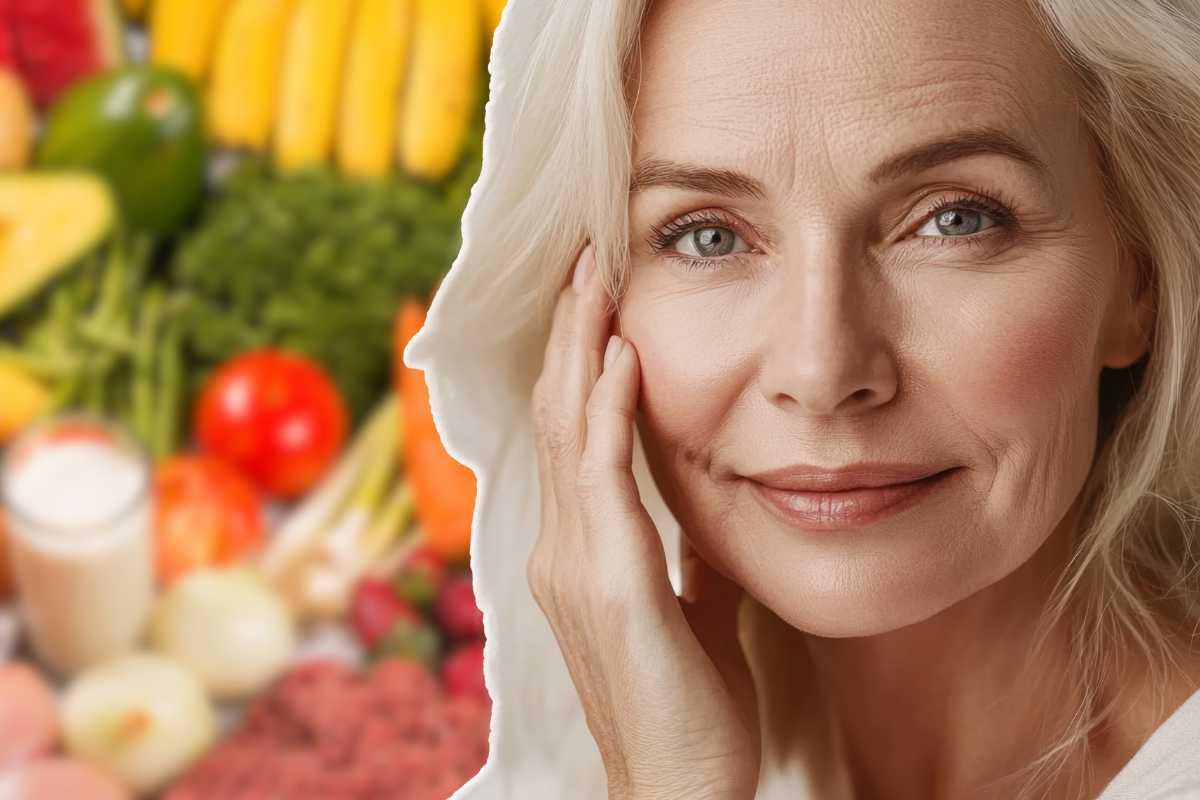 volto di donna in primo piano e alimenti sullo sfondo