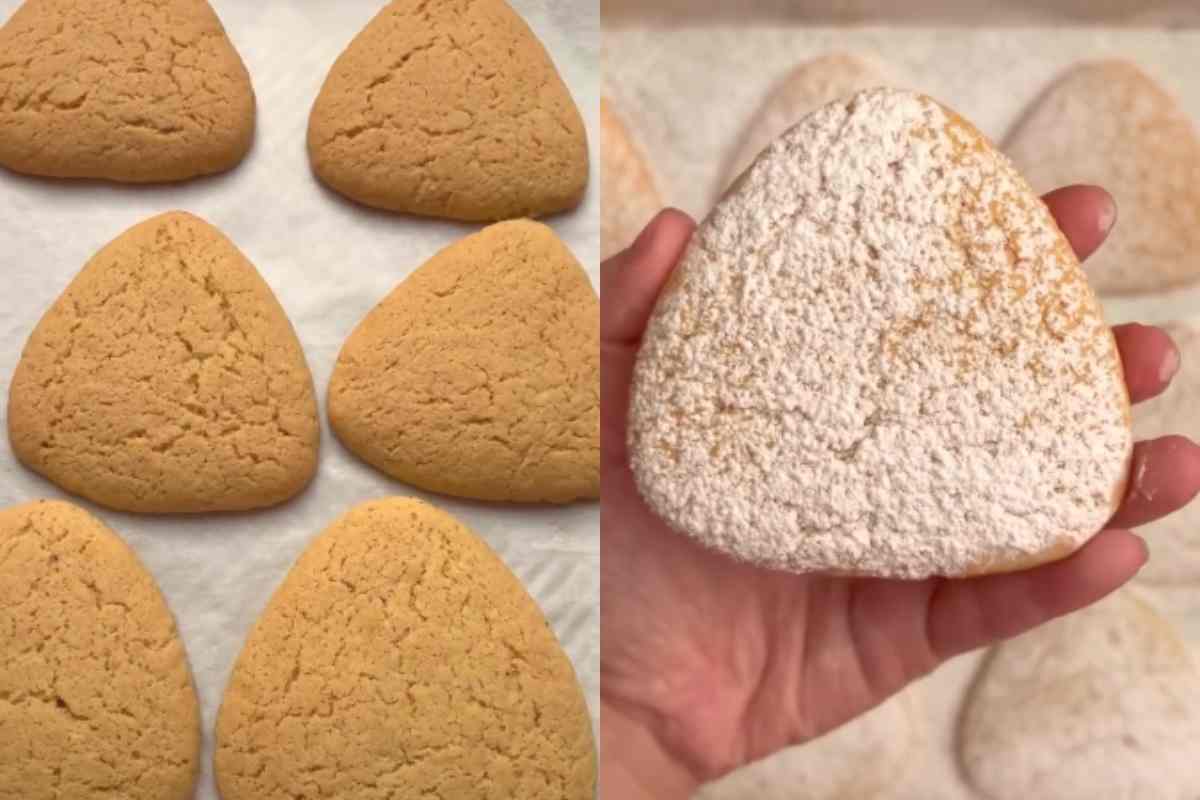 due immagini dei biscotti pandoro appena sfornati e decorati con zucchero a velo