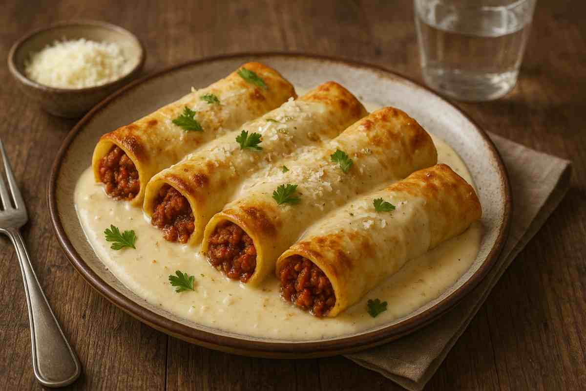 Crespelle ripiene al ragù e crema di Parmigiano in un piatto