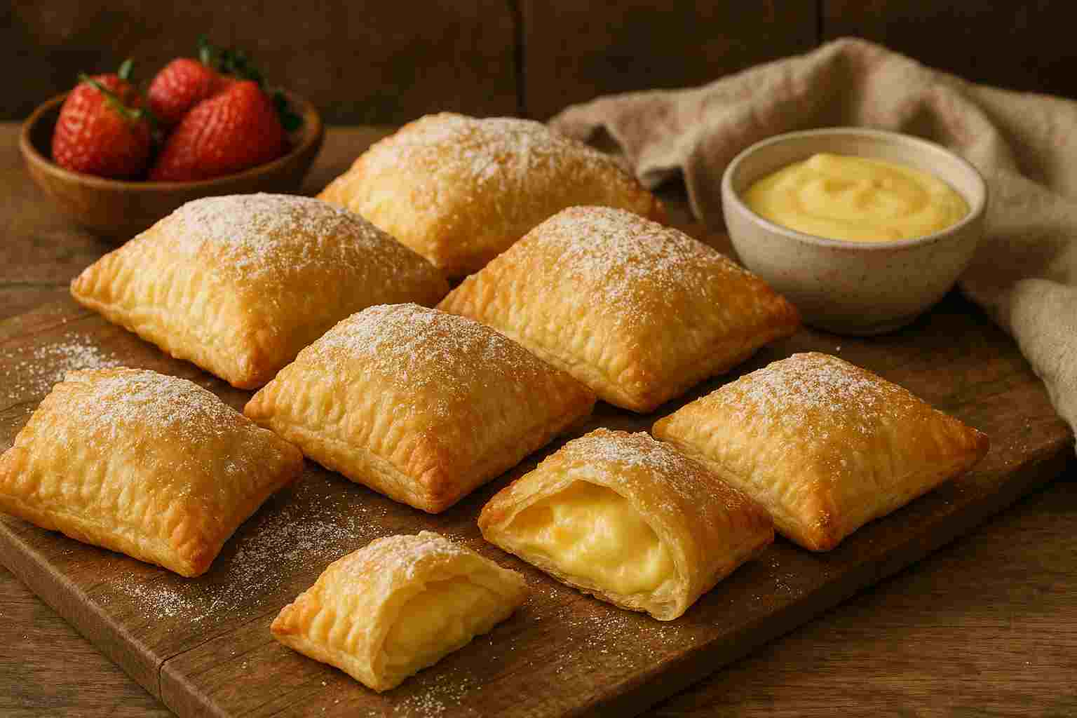 Fagottini con crema pasticcera su un tagliere