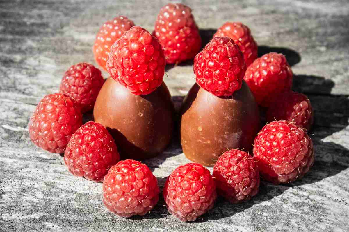 franuì ricoperti di cioccolato con lamponi intorno