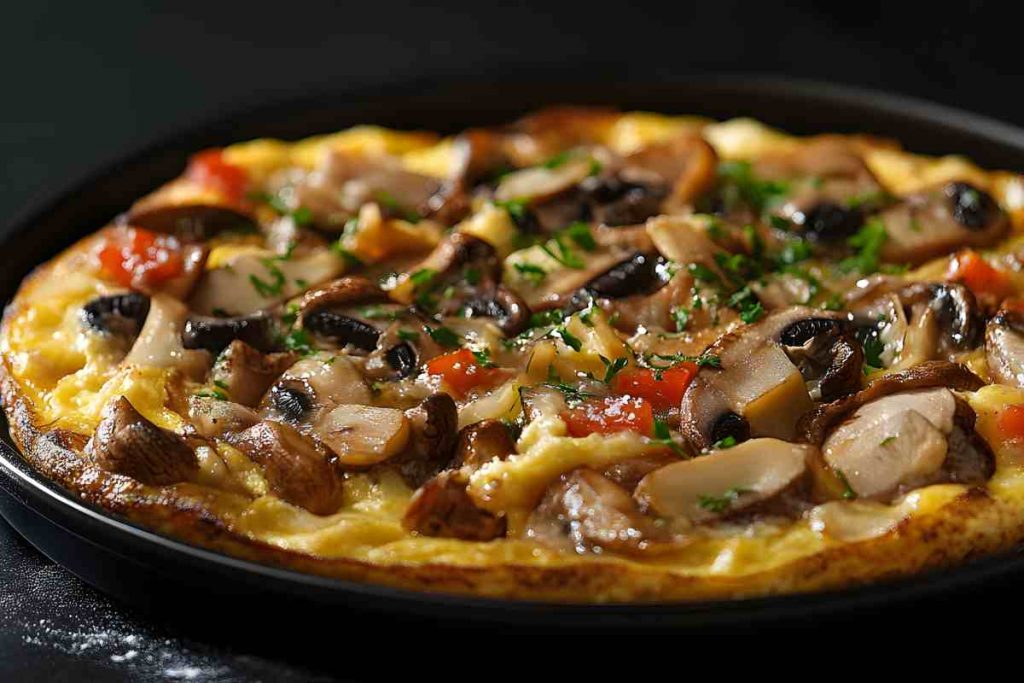 primo piano della frittata con i funghi porcini su un piatto