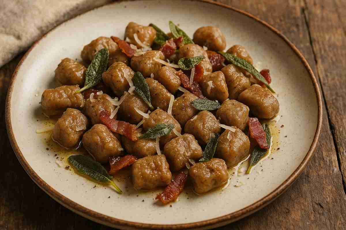Gnocchi di castagne con burro, salvia e speck in piatto