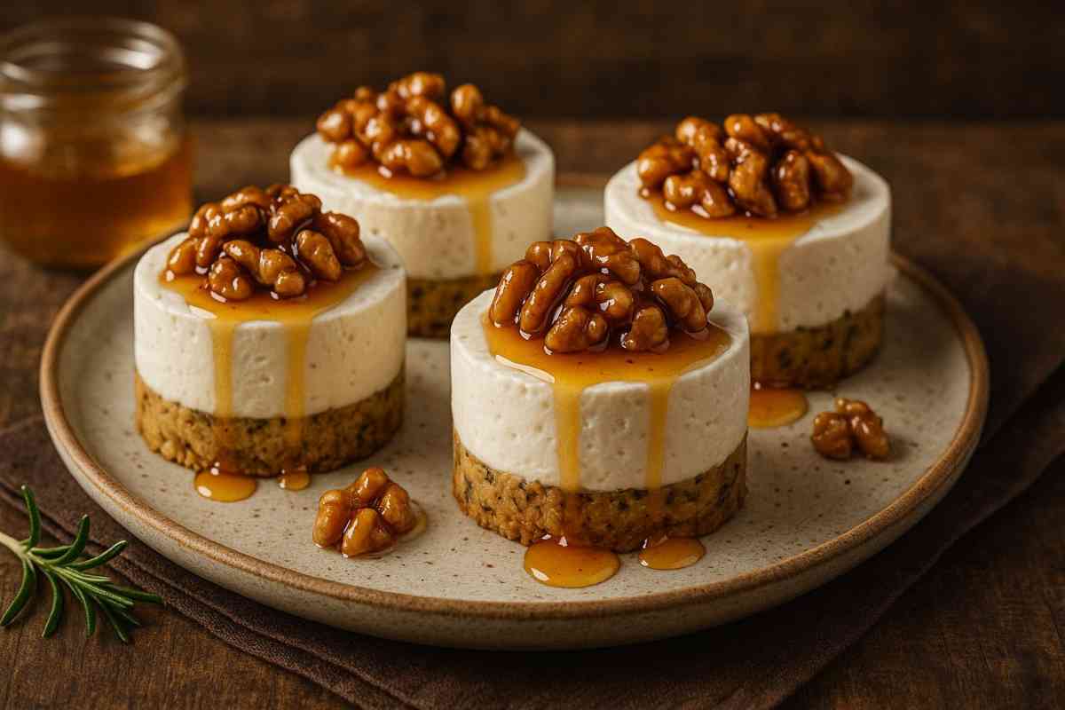 Mini cheesecake salata con miele e noci caramellate servite
