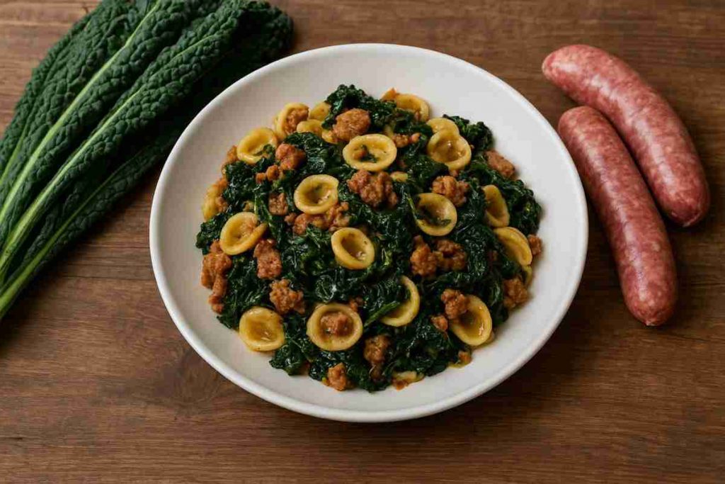 Un piatto di orecchiette con la salsiccia e il cavolo nero visto dall'alto