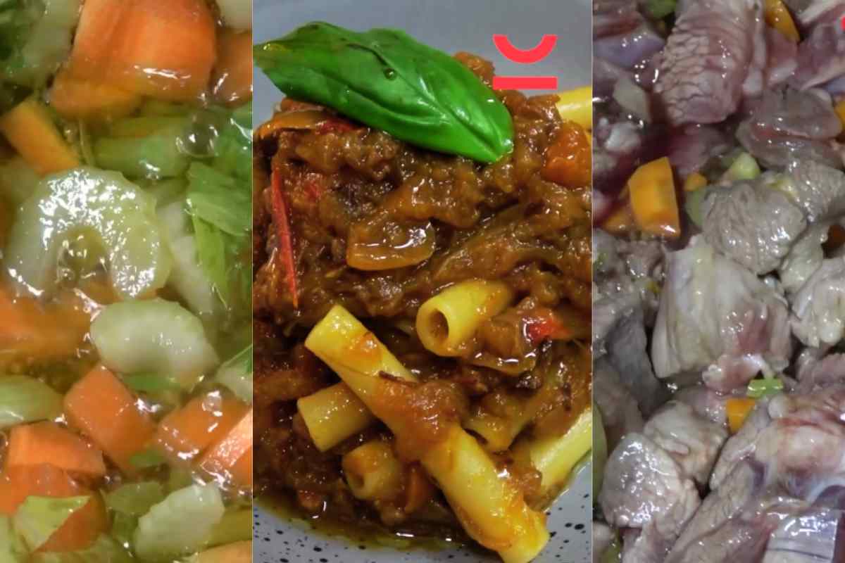 tre momenti della preparazione della pasta alla genovese napoletana