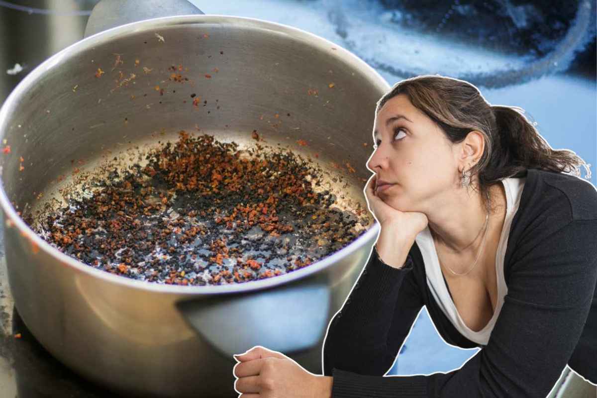 donna pensierosa e pentola bruciata