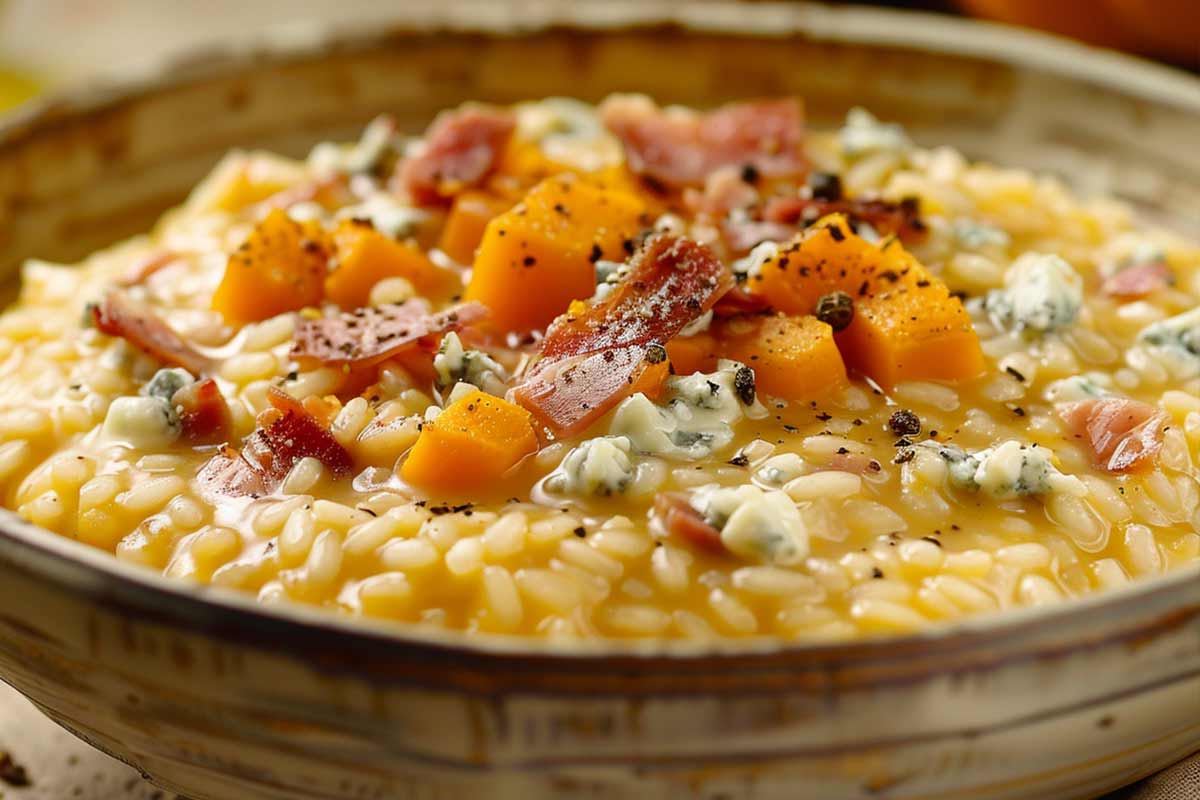 una ciotola con il risotto alla zucca e gorgonzola decorato con il guanciale croccante
